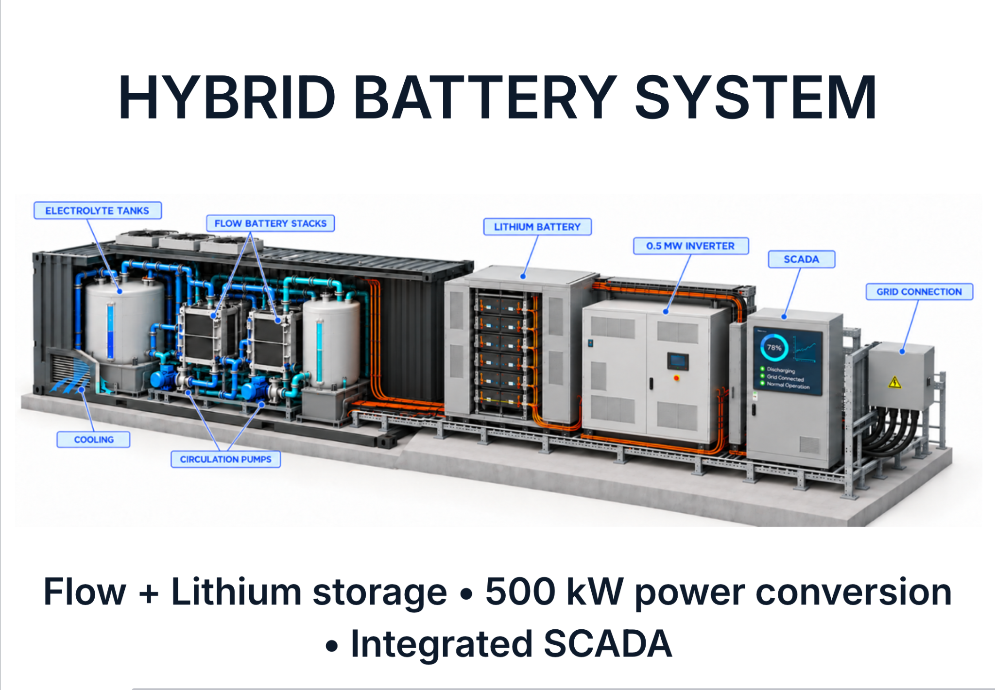 Illustrative hybrid flow and lithium battery system with power conversion and SCADA